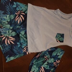 Kids Light Blue Tank Top & Navy Tropical Print Pajama Set